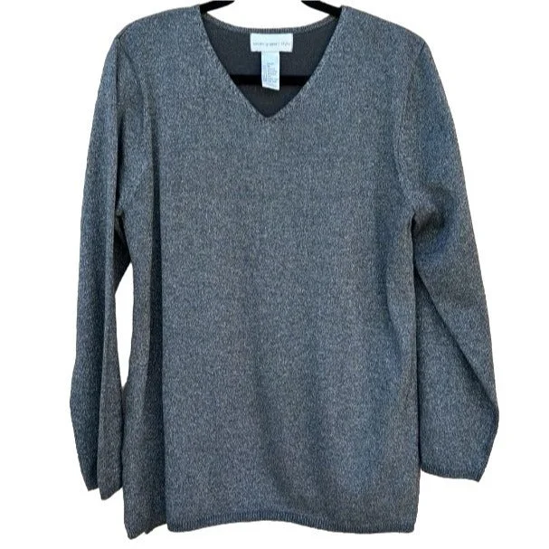 Susan Graver Style V Neck Long Sleeve Gray Glitter Metallic Lightweight Sweater Satin Blend Silk Blend Wool Blend Susan Graver Style V Neck Long Sleeve Gray Glitter Metallic Lightweight Sweater Satin Blend Silk Blend Wool Blend