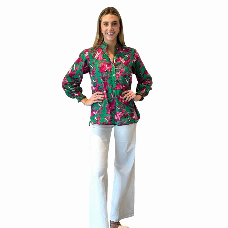 The Callaway Button Front Blouse in Jade Green and Pink Bunny Print Drape Neck Blouse