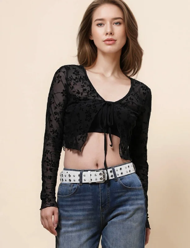 Ladies Floral See Sheer String Tie Mesh Blouse SKT4996 Wrap Front Blouse