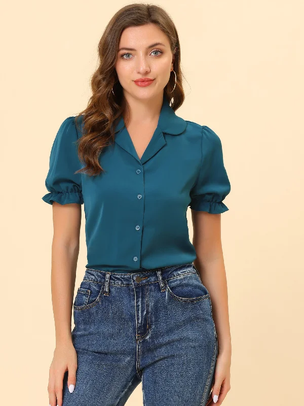 Summer Work Lapel Collar Blouse Short Sleeve Button Down Shirt Collared Satin Blouse Summer Work Lapel Collar Blouse Short Sleeve Button Down Shirt Collared Satin Blouse