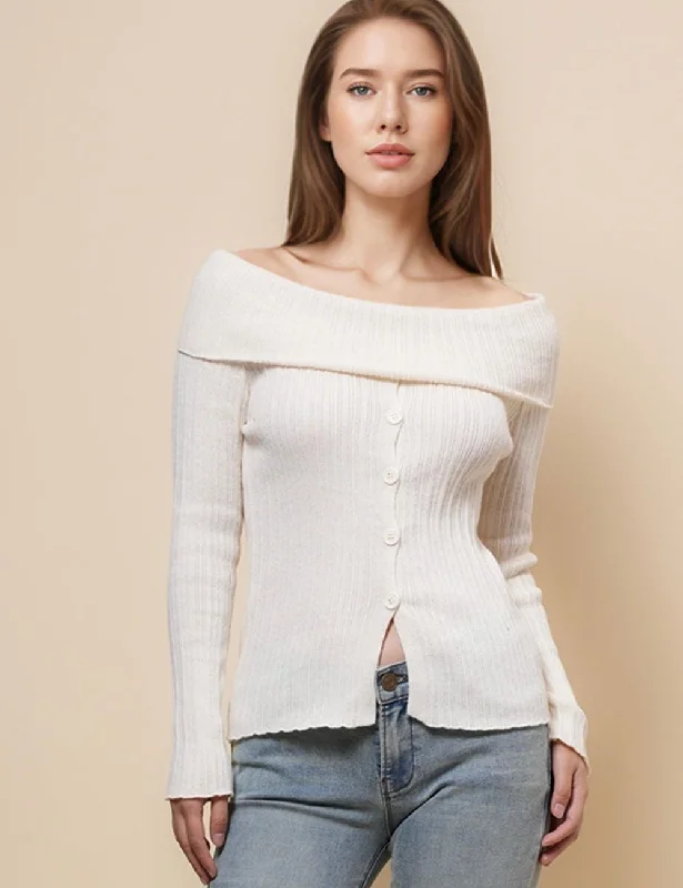 Ladies Folder Off Shoulder Botton Solid Color Blouse SKT4884 Puff Sleeve Blouse