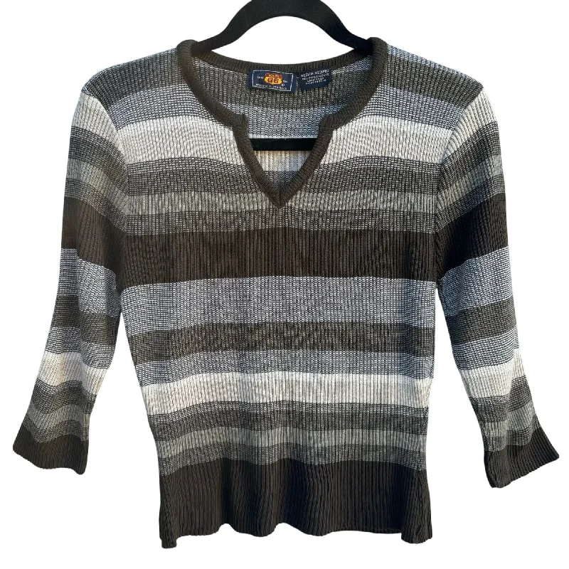 Route 66 Vintage Y2K Womens Brown Tan Striped Ribbed Knit V Neck Fitted Sweater M Tailored Straight A-Line