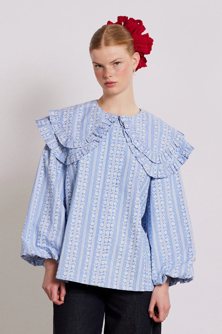 Lois Double Collar Blouse Blue Floral Chic Off-Shoulder Blouse