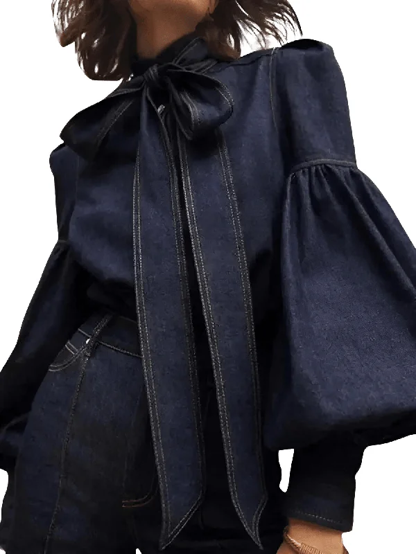 Fashion Blouse Women's Denim Puff Sleeve Tops For Urban Lady High Neck Shirts Tops Women High Neck Blouse Fashion Blouse Women's Denim Puff Sleeve Tops For Urban Lady High Neck Shirts Tops Women High Neck Blouse