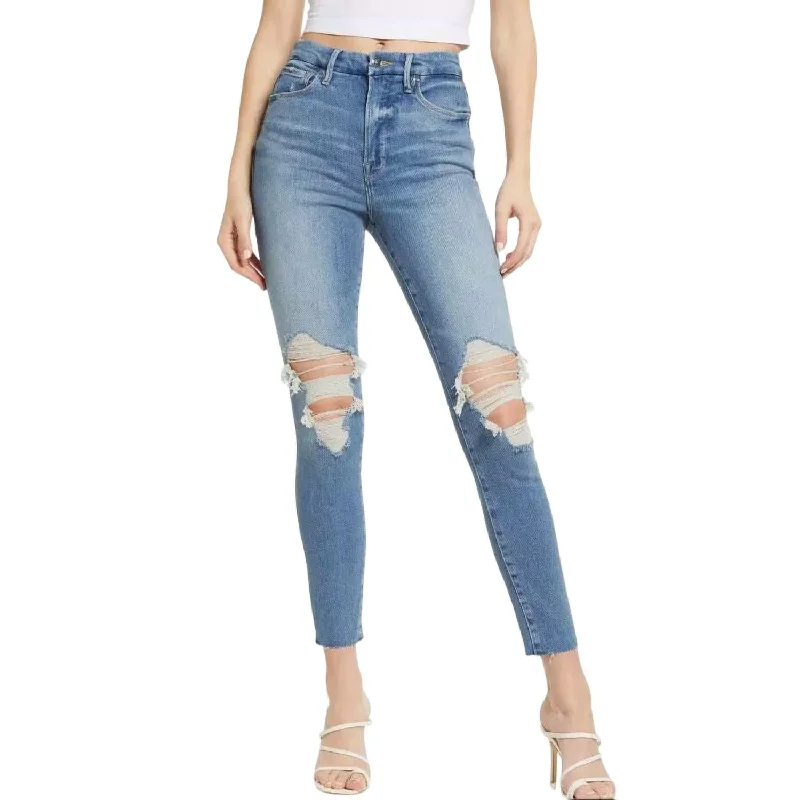 Women's Good Waist Jeans In Indigo Comfortable Folded Hem Jeans