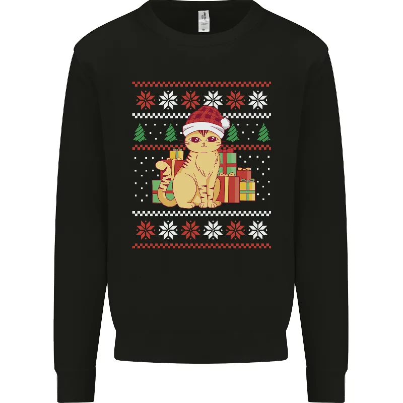 A Cute Christmas Cat With Presents Xmas Mens Sweatshirt Jumper Hoodie with Hem Contrast Bold Stylish A Cute Christmas Cat With Presents Xmas Mens Sweatshirt Jumper Hoodie with Hem Contrast Bold Stylish