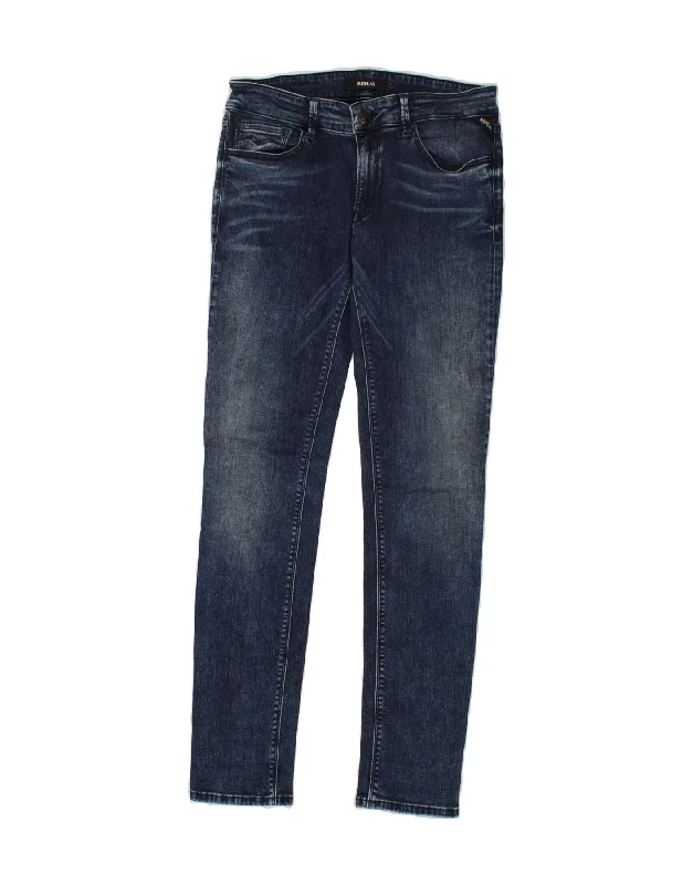 REPLAY Womens Luz Skinny Jeans W30 L32 Navy Blue Cotton Chic Rip-Detail High-Waist Jeans