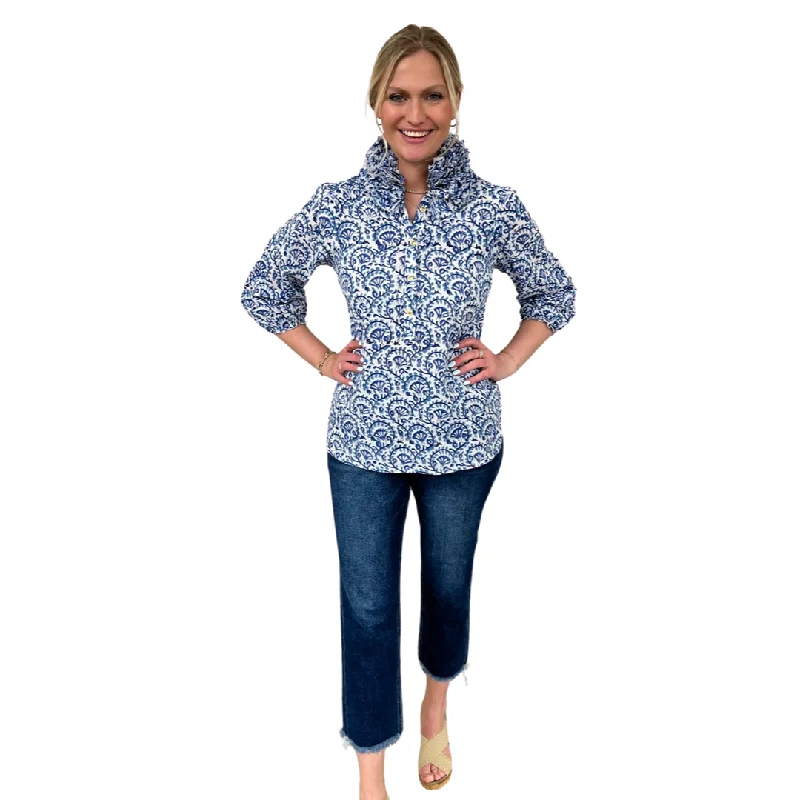 The Maria Ruffle Neck Cotton Blouse in White Blue Hand Blocked Floral Feminine Satin Blouse The Maria Ruffle Neck Cotton Blouse in White Blue Hand Blocked Floral Feminine Satin Blouse