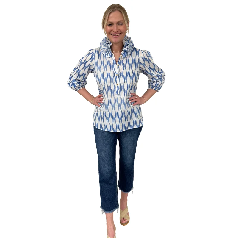 The Maria Ruffle Neck Cotton Blouse in Blue and White Ikat Chic Wrap Blouse