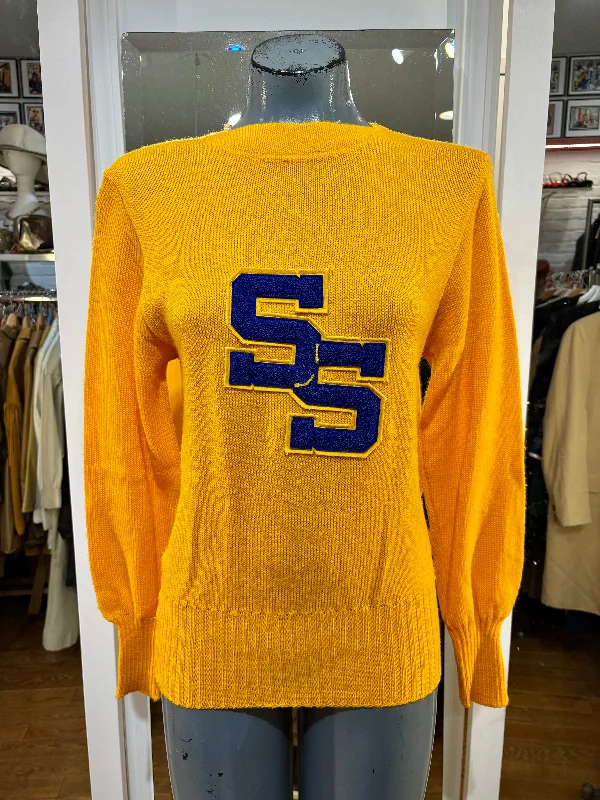 60’s Canary Yellow Letterman Sweater By Stadium Open Front Closed Front Wrap Front