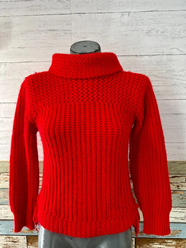 80’s Red Knit Turtleneck Sweater With Sided Knot Strings Hooded Caped Shawl Collar
