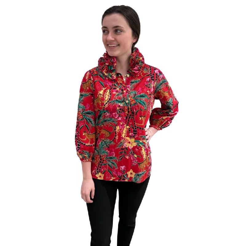 The Maria Ruffle Neck Blouse in Red Monkey Business Cotton Elegant Office Blouse