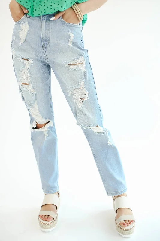 The Amelia Distressed Mom Jean In Light Wash Trendy Low-Rise Bootcut Jeans