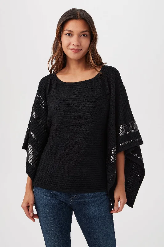 Adela Merino Wool Wrap Sweater With Black Sequin Stripes Seamless Knitted Crochet