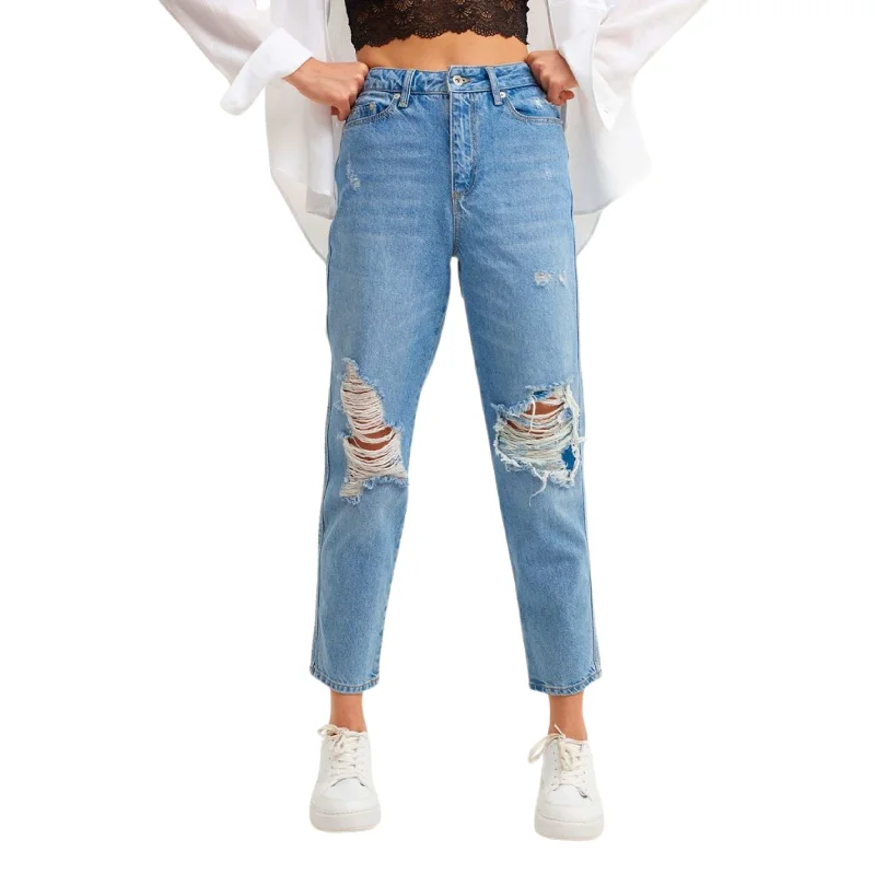 OXXO - Cotton Fit Denim Distressed Pants Cozy Full-Length Pants