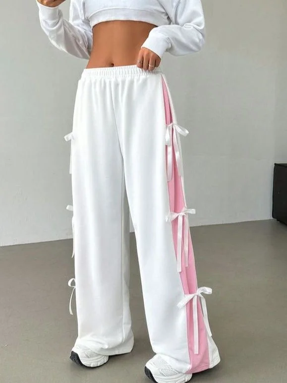 Women Elastic Waist Straight Wide Leg Loose Fit Side Ribbon Deisgn Sweat Joggers Pant Formal Linen Trousers
