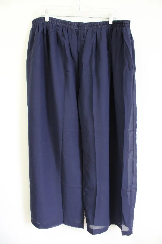 Navy Blue Chiffon Wide Leg Elastic Waist Pant | 2XL Elegant Silk Pants