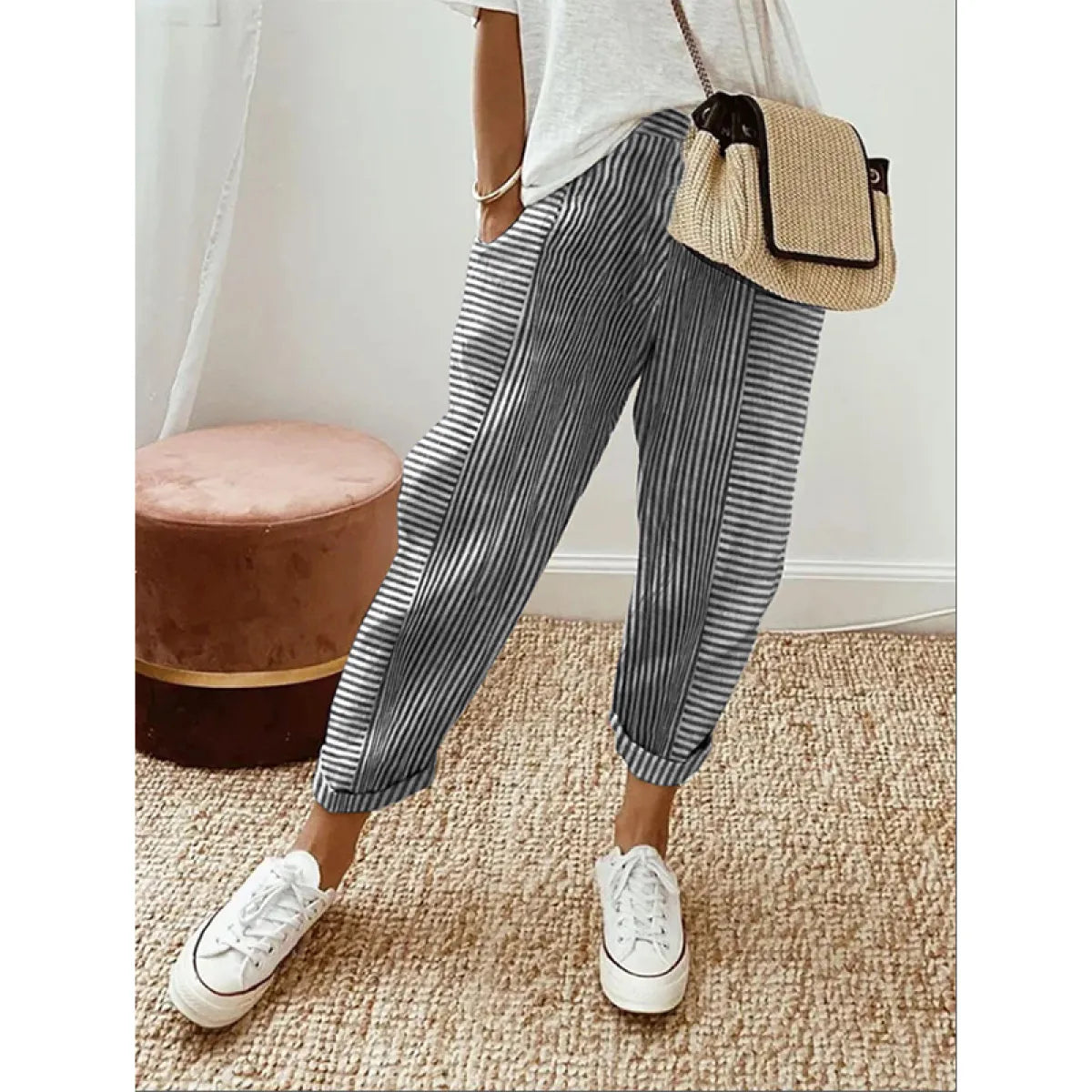 Women's Jacquard Stripe Loose Pants Comfortable Pleated Pants