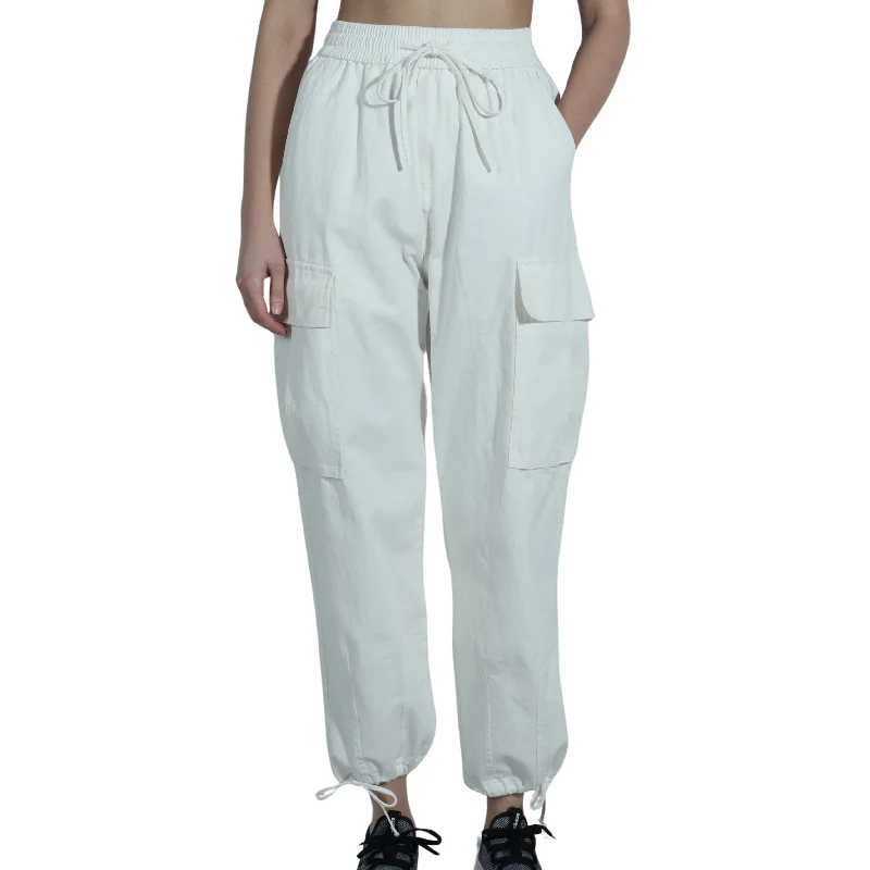 OREETA - Solid Flap Pocket Side Drawstring Hem Cargo Pants High-Waist Trousers