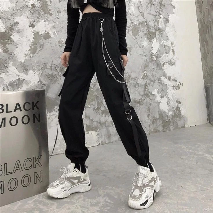 Women Black Gothic Techwear Cargo Pant Relaxed Fit Utility Casual Pocket Cargo Relaxed Linen Pants