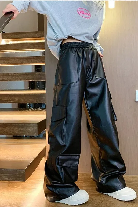 Aesthetic Black Vegan Leather Wide Leg Flap Pocket Vintage Elastic Waist Leather Pant For Women Comfy High-Waist Jeans