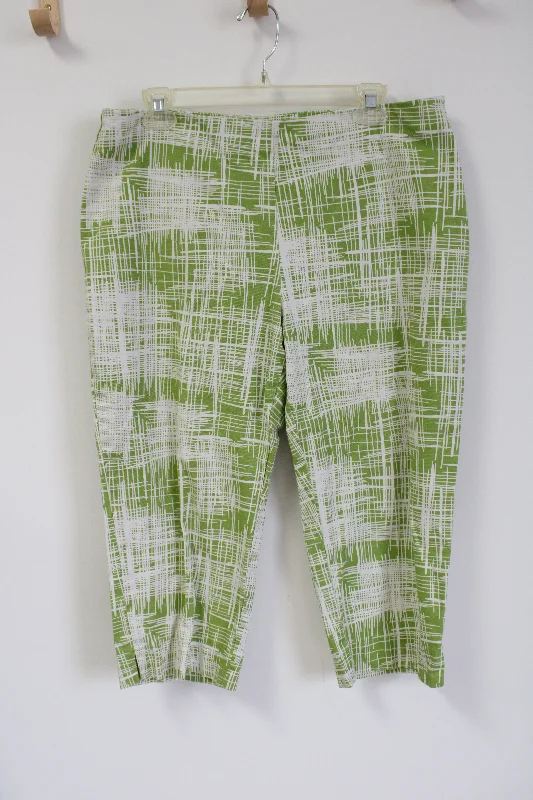 Talbots Green White Stretch Capri Pant | 14 Petite Fashionable Button-Up Pants