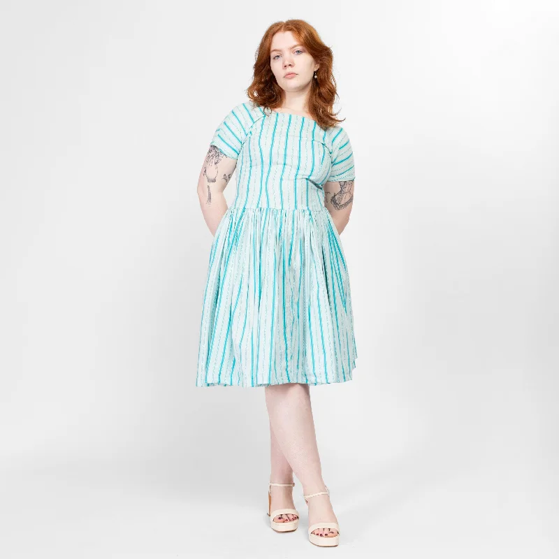 Medium 1950s Blue White Striped Fit & Flare Day Dress