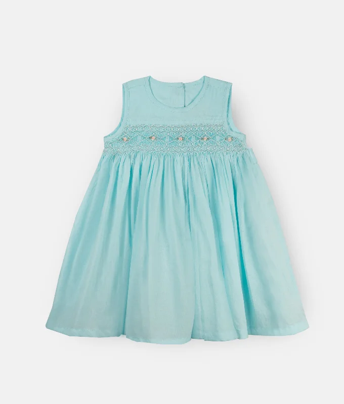 Ice Blue Sleeveless Smocked Baby Dress