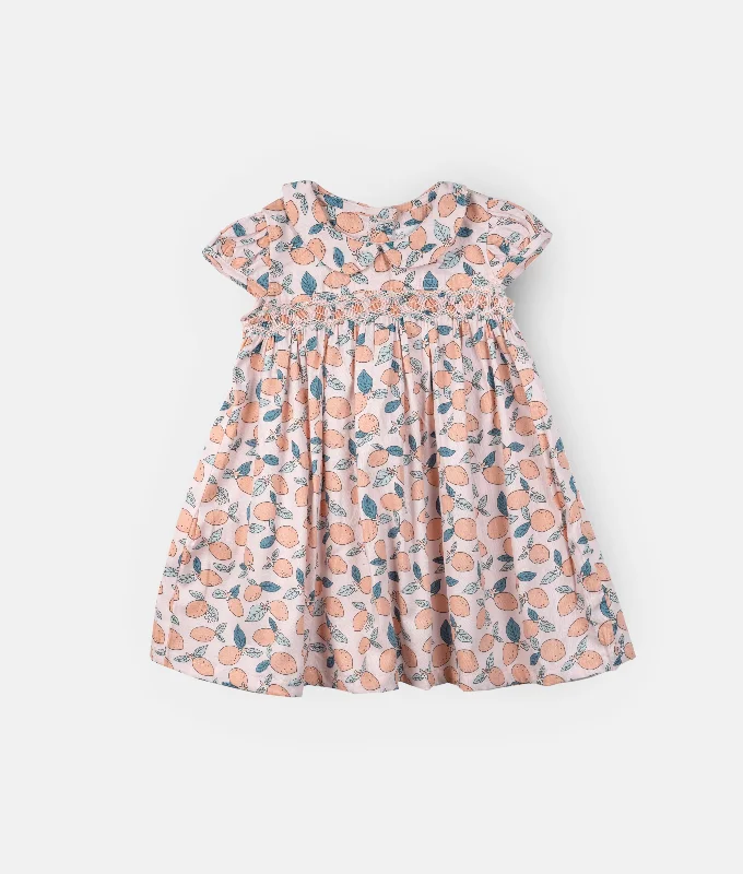 Peach Collared Smocked Baby Dress - Orange Print