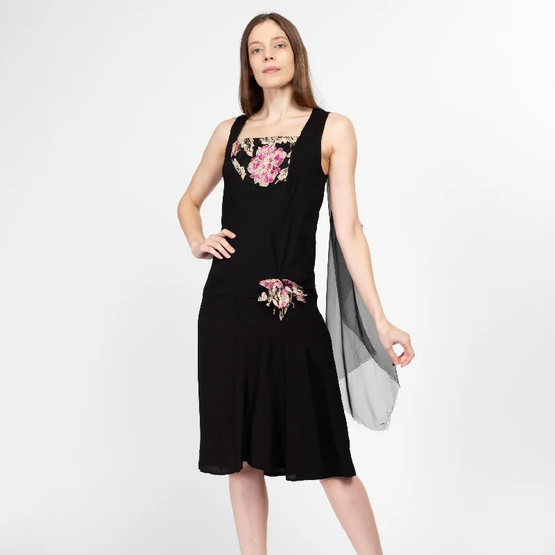 Small Vintage 1920s Style Black Floral Costume Flapper Dress