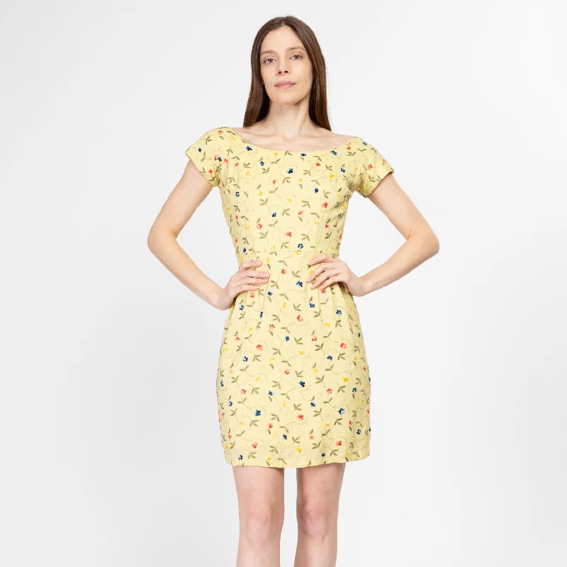 Small 60s Butter Yellow Embroidered Floral Mini Sheath Dress