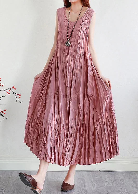 Pink Solid Silk Linen Long Dress O Neck Summer