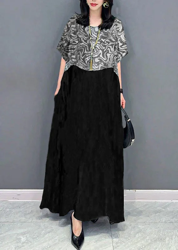 Bohemian black texture O Neck Pockets Print Patchwork Silk Long Dresses Summer