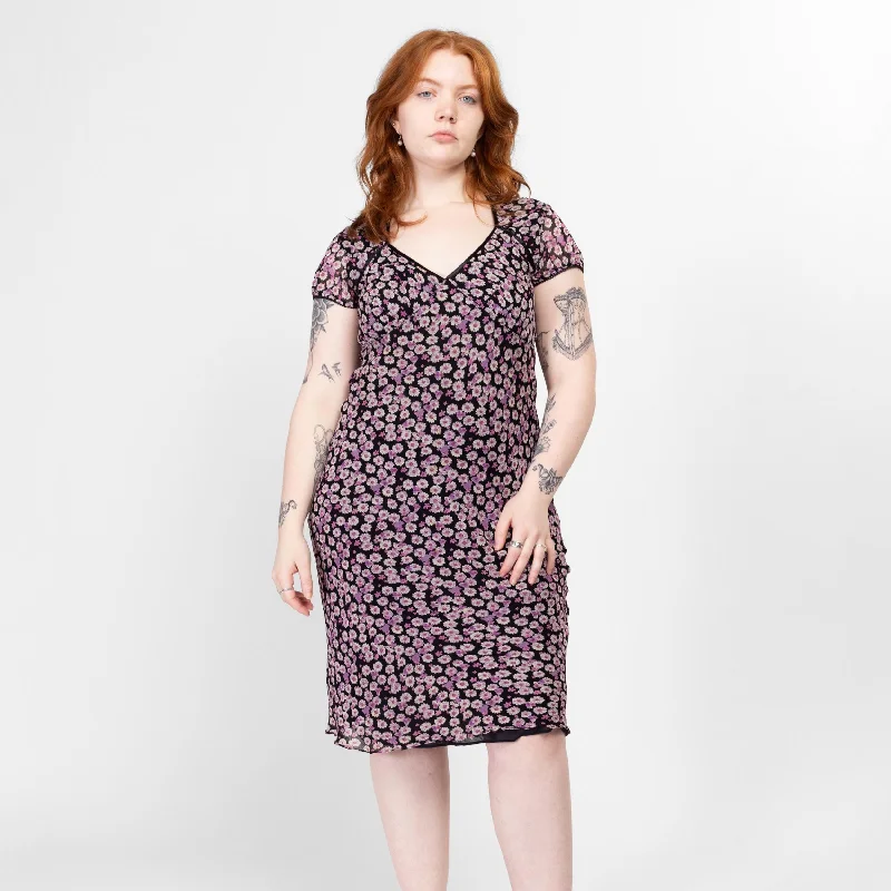 Large 90s Nostalgia Purple Black Floral Bias Dress, As Is