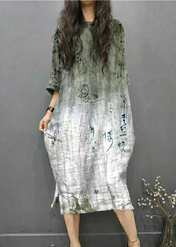 Beautiful Green text O-Neck Wrinkled Side Open Linen Long Dress Batwing Sleeve