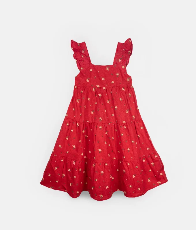 Red Rose Print Girls Strap Dress