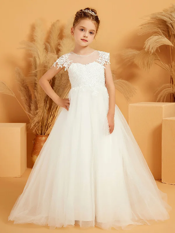Cap Sleeve Applique Long Tulle Flower Girl Dress