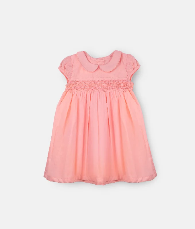 Coral Collared Bow Smocked Baby Dress