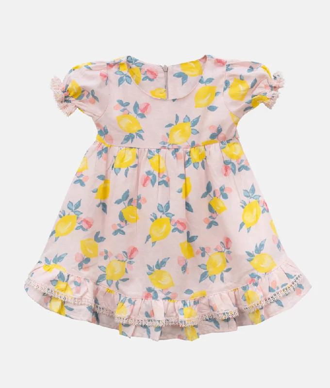 Puffed Sleeved Lemon Print Girls Dress