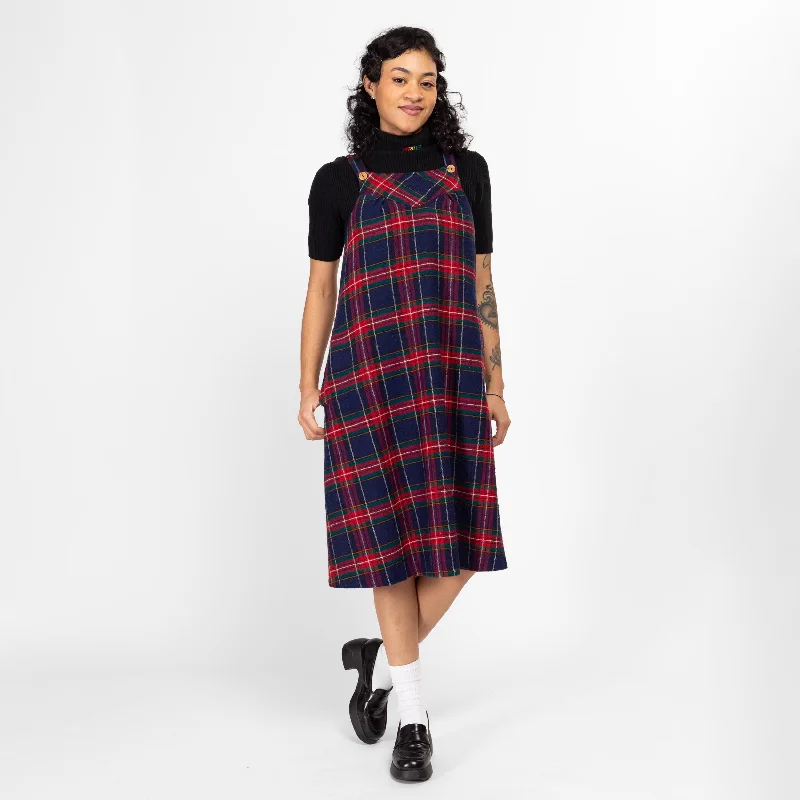 Medium 70s Navy Blue & Red Plaid Pinafore Dress