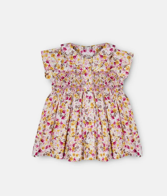 Hot Pink & Yellow Floral Front Button Girls Dress
