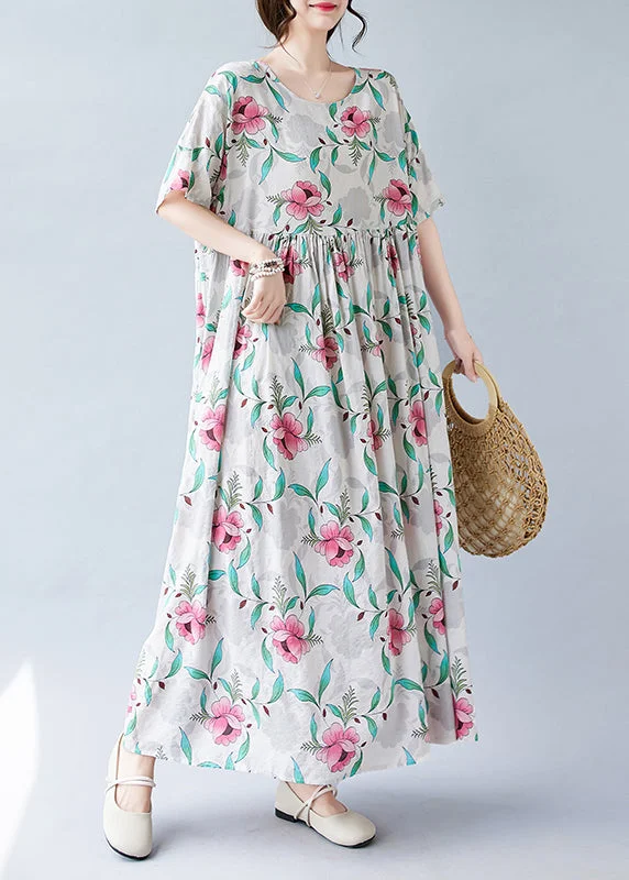 Bohemian Pink Print Patchwork Holiday Long Dress Short Sleeve