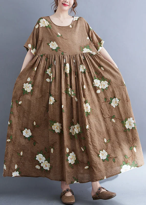 Modern Coffee O-Neck Print Long Dress Summer