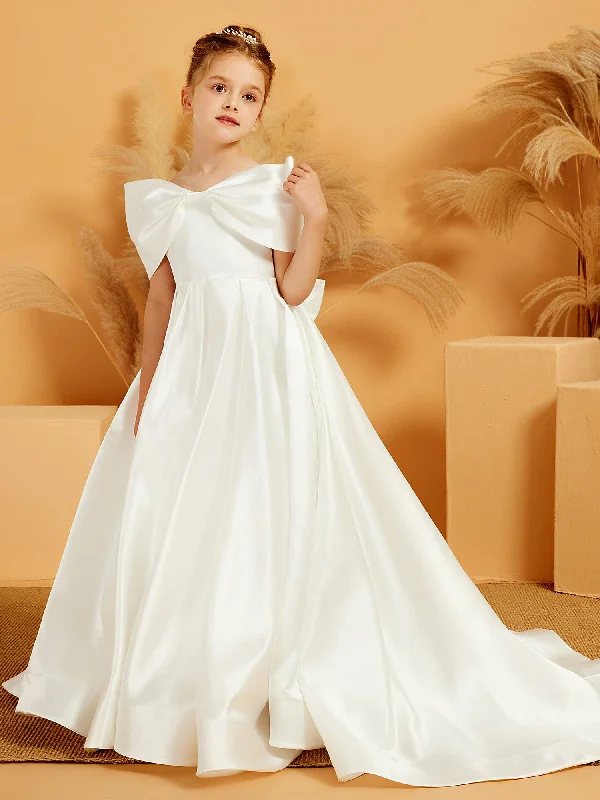 Off-the-shoulder Long Flower Girl Dress with Bow Ivory