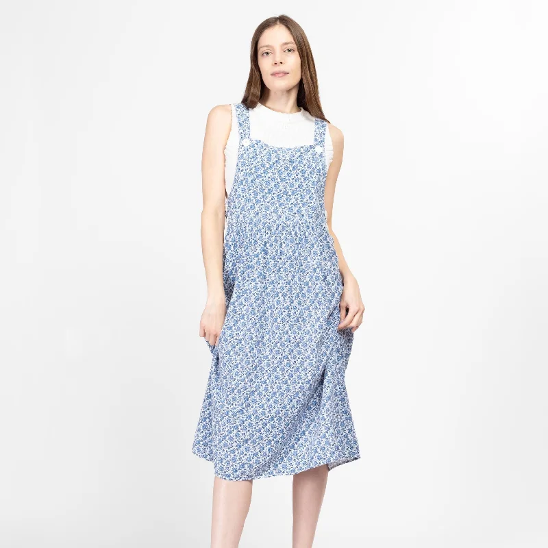 Medium 80s Blue & White Floral Pinafore Dress