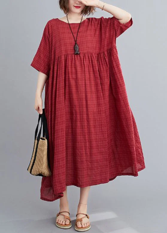 Red Wrinkled Cozy Long Dress Short Sleeve