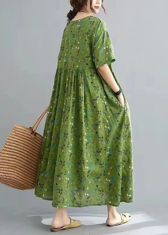 Plus Size Green Print Patchwork Long Dress Short Sleeve