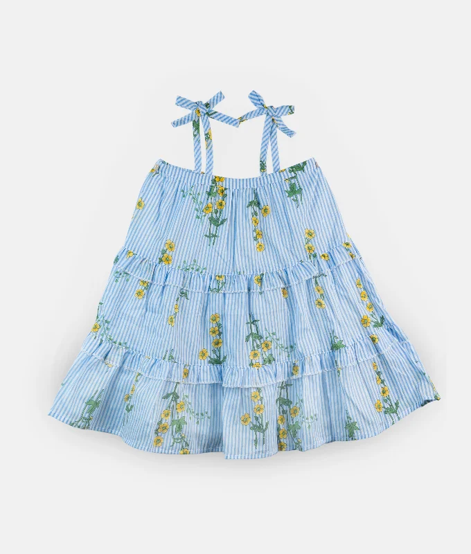 Blue Striped Floral Girls Strap Dress - 9-12m