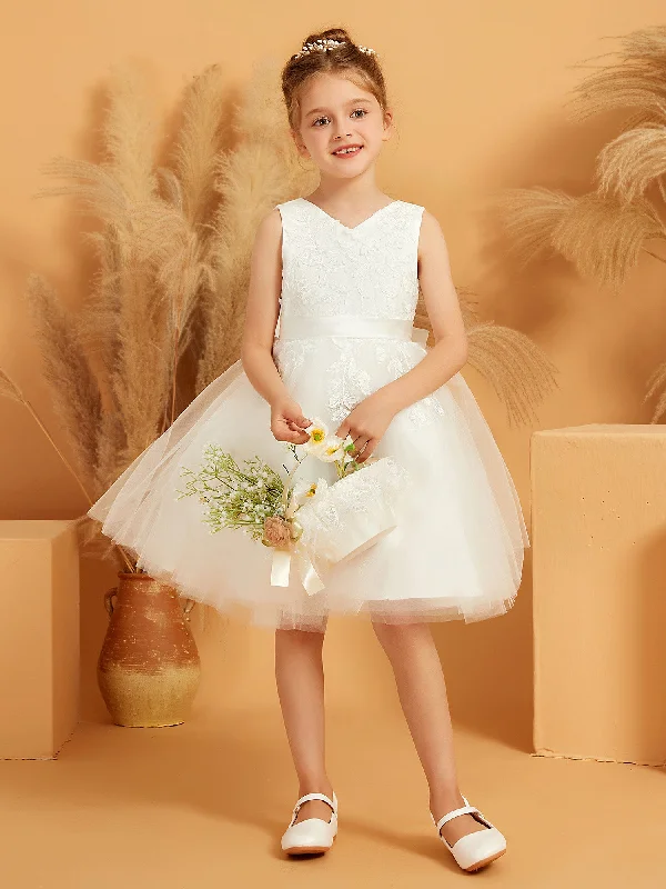 V-neck Knee-length Flower Girl Dress with Bow