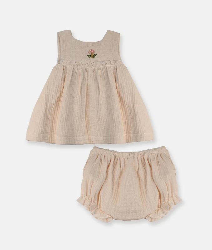 Light Peach Embroidery Dress With Bloomer - 2Pcs Set (Mushroom)